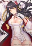  1girl arm_up artist_name azur_lane bangs bed_sheet black_hair blunt_bangs blush breasts cleavage cleavage_cutout closed_mouth cowboy_shot double-breasted dress eyebrows_visible_through_hair flower from_above gloves go-it hair_flower hair_ornament hiei_(azur_lane) horns large_breasts long_sleeves looking_at_viewer looking_up lying miniskirt on_back panties pantyshot pantyshot_(lying) red_rose rose shiny shiny_hair short_dress sidelocks signature skirt smile solo tareme tassel underwear watermark web_address white_gloves white_panties wide_sleeves yellow_eyes 