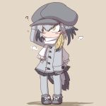  1girl :/ ? alternate_costume arm_at_side bird bird_tail black_hair blonde_hair blush brown_background buttons cabbie_hat closed_mouth full_body gloves grey_hair grey_jacket grey_legwear grey_skirt hair_between_eyes hand_on_own_head hand_up hat ikkyuu jacket kemono_friends long_hair long_sleeves looking_up low_ponytail multicolored_hair pantyhose scarf shoebill shoebill_(kemono_friends) simple_background skirt standing tail yellow_eyes 