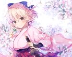  &gt;:) 1girl ahoge blonde_hair blurry blurry_foreground blush bow breasts brown_eyes cherry_blossoms dango depth_of_field eyebrows_visible_through_hair fate_(series) flower food hair_bow hakama holding holding_food japanese_clothes katana kimono koha-ace konomi_(kino_konomi) long_sleeves looking_at_viewer medium_breasts okita_souji_(fate) pink_hakama pink_kimono sheath sheathed shiny shiny_hair short_hair solo sword tareme underbust upper_body v-shaped_eyebrows wagashi weapon wide_sleeves 