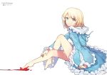  1girl artist_name bangs bare_legs barefoot blonde_hair blood_on_feet blood_trail blue_dress blue_eyes closed_mouth collar copyright_name dress english eyebrows_visible_through_hair fate/prototype fate_(series) flower frilled_collar frilled_dress frilled_sleeves frills from_side hand_on_own_leg jehyun knee_up legs_crossed light_smile long_sleeves looking_at_viewer looking_to_the_side medium_hair ribbon sajou_manaka simple_background sitting solo star swept_bangs toe-point white_background wide_sleeves 
