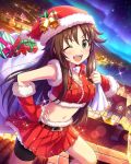  1girl aurora belt bike_shorts box brown_hair gift gift_box green_eyes hair_ornament hairclip hat himekawa_yuki houses idolmaster idolmaster_cinderella_girls long_hair midriff official_art red_skirt sack santa_costume santa_hat skirt smile torn_sack tree 