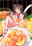  1girl absurdres bangs blush bow bowtie brown_eyes brown_hair closed_mouth crown dress eyebrows_visible_through_hair food fruit hanami_dango_(zzldango) high_heels highres holding ice ice_cube iced_tea in_food long_hair looking_at_viewer mini_crown minigirl orange orange_slice original personification pink_dress pinky_out puffy_short_sleeves puffy_sleeves red_footwear red_neckwear short_sleeves sitting smile solo spoon tea 