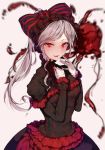  1girl :d bangs beige_background black_dress blood blood_splatter blurry blurry_background blush bow breasts dress frilled_dress frilled_sleeves frills gloves hair_bow hairband hand_on_own_chest hands_on_own_chest hands_up heart_(organ) hplay lolita_hairband long_hair long_sleeves looking_at_viewer medium_breasts neck_ribbon open_mouth overlord_(maruyama) parted_bangs ponytail red_eyes red_ribbon ribbon shalltear_bloodfallen shiny shiny_hair sidelocks simple_background smile solo striped striped_bow tsurime white_gloves 