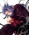  2boys axel_(kingdom_hearts) black_coat black_coat_(kingdom_hearts) black_gloves blue_hair coat commentary_request covered_eyes covering_another&#039;s_eyes cross_scar earrings furrowed_brow gloves hand_on_another&#039;s_face highres jewelry kingdom_hearts kingdom_hearts_358/2_days kingdom_hearts_ii leaf leaning leaning_back leaning_forward long_coat long_hair looking_at_another looking_down male_focus medium_hair minatoya_mozuku multiple_boys organization_xiii parted_lips pointy_ears redhead sad saix scar scar_on_face sidelocks spiky_hair stud_earrings yellow_eyes 