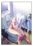  1girl absurdres aldehyde bra camisole face_in_hands fantia_reward hidden_face highres huge_filesize indoors long_hair neeko original paid_reward panties panty_pull sitting slippers solo strap_slip toilet toilet_paper_tube toilet_use truth underwear white_bra white_hair white_panties 