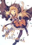  1girl :p adapted_costume bangs belt blonde_hair blue_eyes blue_sailor_collar boots bow bowtie bracer cagliostro_(granblue_fantasy) candy cloak eyebrows_visible_through_hair fingernails food frilled_skirt frills full_body granblue_fantasy halloween highres hood_up kotoribako looking_at_viewer nail_polish one_eye_closed orange_nails orange_neckwear orange_skirt pantyhose puffy_short_sleeves puffy_sleeves purple_footwear purple_legwear sailor_collar school_uniform serafuku short_sleeves skirt solo suspender_skirt suspenders tongue tongue_out white_background 