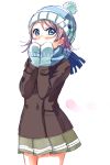  blue_eyes blush brown_hair coat double-breasted hands_on_own_face hat highres love_live! love_live!_sunshine!! mittens pleated_skirt rippe scarf short_hair simple_background skirt solo tagme tuque watanabe_you winter_clothes winter_coat 