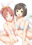  2girls :d ;d abe_nana animal_ears arm_support bangs bare_arms bare_shoulders barefoot blue_bra blue_panties blue_ribbon blush bra breasts bunny_tail cat_ears cat_tail collarbone eyebrows_visible_through_hair fang green_eyes highres idolmaster idolmaster_cinderella_girls leaning_forward looking_at_viewer maekawa_miku multiple_girls one_eye_closed open_mouth panties parted_bangs pink_bra pink_panties ponytail rabbit_ears ribbon ribbon-trimmed_bra seiza shiny shiny_skin shiratama_akane short_hair signature simple_background sitting smile squatting swept_bangs tail tail_ribbon tareme thighs underwear underwear_only white_background 