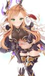  1girl asymmetrical_bangs bangs blonde_hair blush breasts breasts_apart cleavage detached_sleeves floating_hair gloves granblue_fantasy green_eyes hair_ornament hand_on_own_knee highres leaning_forward long_hair medium_breasts midriff navel simple_background smile solo song_(granblue_fantasy) standing stomach thigh-highs very_long_hair white_background white_gloves white_l 