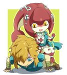  1boy 1girl blonde_hair blue_eyes blush chibi fins fish_girl gloves hair_ornament jewelry link long_hair mipha monster_girl multicolored multicolored_skin no_eyebrows ponytail red_skin redhead sakurai_muto smile the_legend_of_zelda the_legend_of_zelda:_breath_of_the_wild yellow_eyes zora 