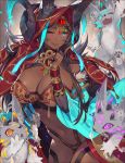  1girl :p aemochi animal animal_ears aqua_eyes blush breasts cleavage dark_skin fate/grand_order fate_(series) horns index_finger_raised large_breasts long_hair looking_at_viewer one_eye_closed purple_hair queen_of_sheba_(fate/grand_order) smile solo tongue tongue_out 