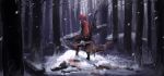 1girl adapted_object back blood blood_stain bloodborne cloak forest highres hood hood_up kaatoso monster nature ruby_rose rwby scythe skirt snow snowing solo tree weapon 