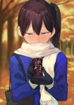  1girl alternate_costume black_gloves brown_eyes brown_hair can commentary_request gloves hair_between_eyes highres holding holding_can kaga_(kantai_collection) kantai_collection long_hair long_sleeves masukuza_j scarf side_ponytail solo tree white_scarf 