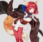  1girl :d animal_ears apron bangs bent_over brown_kimono cosplay fate/extra fate_(series) feet_out_of_frame finger_to_mouth fox_ears fox_tail grey_background hair_ribbon hand_on_hip japanese_clothes kimono kohaku long_sleeves looking_at_viewer maid mo_(mocopo) obi one_eye_closed open_mouth red_legwear redhead ribbon sash short_hair shushing simple_background smile solo standing tail tamamo_(fate)_(all) tamamo_no_mae_(fate) tamamo_no_mae_(fate)_(cosplay) thigh-highs tsukihime wide_sleeves yellow_eyes 