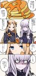  2girls abigail_williams_(fate/grand_order) absurdres albino bangs black_bow blonde_hair blue_eyes blush bow butter comic commentary_request constricted_pupils fate/grand_order fate_(series) food fork hair_bow highres holding holding_fork lavinia_whateley_(fate/grand_order) long_hair multiple_girls open_mouth orange_bow pale_skin pancake pink_eyes smile syrup tearing_up tears translation_request upper_body white_hair yuuma_(u-ma) 