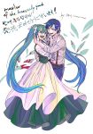  1boy 1girl adam_moonlit aqua_eyes aqua_hair bags_under_eyes belt blood blood_stain blue_eyes blue_hair blue_pants collarbone couple crazy_eyes crazy_smile delusional dress empty_eyes eve_moonlit evillious_nendaiki eye_contact frilled_sleeves frills green_dress hair_ribbon hand_around_neck hand_on_another&#039;s_back hand_on_another&#039;s_face hand_on_another&#039;s_shoulder hatsune_miku highres hug husband_and_wife kaito long_hair looking_at_another moonlit_bear_(vocaloid) open_clothes open_mouth open_shirt pants ribbon rooomi shirt short_hair smile striped striped_shirt suspenders twintails twitter_username very_long_hair vocaloid 
