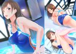  1girl absurdres ass brown_eyes brown_hair chair competition_swimsuit highres idolmaster idolmaster_cinderella_girls idolmaster_cinderella_girls_starlight_stage indoors long_hair looking_at_viewer lounge_chair lying multiple_views nitta_minami one-piece_swimsuit open_mouth pool q_(ed69) rei_no_pool sitting stretch swimsuit water wet 