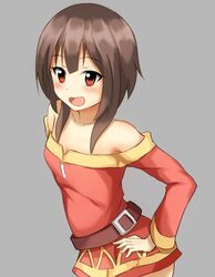  1girl bare_shoulders belt black_hair dress kono_subarashii_sekai_ni_shukufuku_wo! looking_at_viewer megumin red_dress red_eyes short_hair_with_long_locks solo 