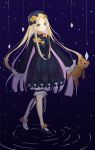  1girl :o abigail_williams_(fate/grand_order) bangs black_bow black_dress black_hat blonde_hair bloomers bow butterfly commentary_request dress fate/grand_order fate_(series) full_body hair_bow hands_in_sleeves hat highres hikashou holding holding_stuffed_animal long_hair long_sleeves looking_at_viewer orange_bow parted_bangs parted_lips polka_dot polka_dot_bow revision ripples sky solo star_(sky) starry_sky stuffed_animal stuffed_toy teddy_bear underwear very_long_hair violet_eyes walking white_bloomers 