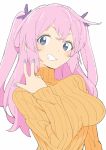 1girl absurdres bangs blue_eyes blue_nails blush breasts donguri_suzume fingernails grin hand_up highres large_breasts long_hair long_sleeves looking_at_viewer nail_polish orange_sweater original pink_hair ribbed_sweater simple_background smile solo sweater twintails upper_body white_background 