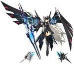  1girl artist_request black_footwear black_legwear black_leotard black_wings boots code:_ultimate_(elsword) cropped_jacket elsword eve_(elsword) expressionless floating full_body gloves highres knee_boots leotard long_hair official_art robot solo thigh-highs transparent_background weapon white_hair wings yellow_eyes 