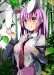  1girl animal_ears bamboo bangs blazer bra breasts collared_shirt hands_up jacket large_breasts leaf long_hair necktie outdoors pink_skirt pleated_skirt purple_hair rabbit_ears rain red_eyes red_neckwear reisen_udongein_inaba see-through shirt skirt smile solo suzuka_(nonnonsuzuki20) touhou underwear wet wet_clothes wet_shirt white_shirt wing_collar 