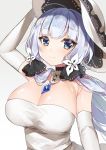  1girl absurdres ahoge arm_up azur_lane bangs bare_shoulders blue_eyes blush breasts cleavage closed_mouth detached_collar detached_sleeves dress eyelashes gem gradient gradient_background grey_background hair_ornament hand_on_headwear hat highres illustrious_(azur_lane) large_breasts long_hair looking_at_viewer low_twintails shiny shiny_hair shiny_skin silver_hair smile solo strapless strapless_dress twintails upper_body white_hat yayoichi_(yoruyoru108) 