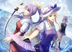  3girls animal_ears belt blazer blonde_hair bunny_tail dress dutch_angle earth fan folding_fan hair_ribbon hat jacket kaede_(mmkeyy) katana lavender_hair long_hair multiple_girls necktie open_mouth pleated_skirt ponytail pose purple_hair rabbit_ears reisen ribbon shirt skirt smile sword tail touhou watatsuki_no_toyohime watatsuki_no_yorihime water weapon 