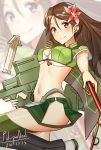  1girl 2017 amagi_(kantai_collection) ass breasts brown_eyes brown_hair cleavage crop_top dated eyebrows_visible_through_hair floating_hair flower gun hair_between_eyes hair_flower hair_ornament holding holding_gun holding_weapon kantai_collection long_hair looking_at_viewer medium_breasts microskirt midriff mole mole_under_eye navel one_leg_raised pallad pleated_skirt red_flower short_sleeves signature skirt smile solo standing stomach very_long_hair weapon zoom_layer 