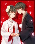  1boy 1girl azumi_kotarou brown_hair clothing_request flower hair_bun hair_flower hair_ornament hetero highres holding_hand looking_at_another mizuno_akane petals profile red_background smile standing tsuki_ga_kirei zyl 