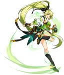  1girl :d anemos_(elsword) artist_request black_bow black_footwear black_gloves black_skirt boots bow detached_sleeves elsword fingerless_gloves full_body gloves green_eyes green_hair hair_bow highres knee_boots long_hair looking_at_viewer official_art open_mouth ponytail rena_(elsword) skirt smile solo tattoo transparent_background very_long_hair 
