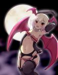  1girl black_gloves blush breasts collarbone demon_girl elbow_gloves garter_belt gloves head_wings kono_subarashii_sekai_ni_shukufuku_wo! looking_at_viewer moon nana-ine navel open_mouth panties red_eyes revealing_clothes shinjin_succubus_(konosuba) short_hair small_breasts succubus thigh-highs underwear 