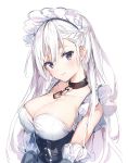  1girl azur_lane bangs belfast_(azur_lane) blush braid breasts cleavage closed_mouth eyebrows_visible_through_hair frills hair_between_eyes highres large_breasts long_hair looking_at_viewer maid maid_headdress silver_hair simple_background smile solo tsurime umibouzu_(niito) upper_body violet_eyes white_background white_hair 