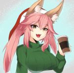  1girl animal_ears breasts casual fate/extra fate/grand_order fate_(series) fox_ears hat impossible_clothes large_breasts long_hair looking_at_viewer open_mouth pink_hair santa_hat solo steam_captein sweater sweater_vest tagme tamamo_(fate)_(all) tamamo_no_mae_(fate) turtleneck turtleneck_sweater yellow_eyes 