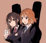  2girls :d :o arm_grab blue_neckwear blue_ribbon blush brown_eyes brown_hair collared_shirt eyebrows_visible_through_hair furrowed_eyebrows grey_jacket guitar_case hair_between_eyes hair_ornament hairclip hirasawa_yui holding instrument_case jacket k-on! long_hair long_sleeves looking_at_another monsieur multiple_girls nakano_azusa neck_ribbon open_mouth parted_lips pink_background red_neckwear red_ribbon ribbon shirt short_hair simple_background smile twintails wing_collar 