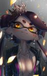  +_+ 1girl aori_(splatoon) black_hair blush breasts center_opening commentary crown domino_mask earrings food food_on_head formal highres jewelry kashu_(hizake) long_hair mask medium_breasts mole mole_under_eye object_on_head pinstripe_suit smile splatoon splatoon_1 striped suit sushi tentacle_hair 