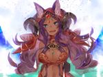  1girl animal_ears aqua_eyes breasts cleavage dark_skin fate/grand_order fate_(series) gem hood horns jewelry large_breasts long_hair looking_at_viewer mofumoto navel open_mouth purple_hair queen_of_sheba_(fate/grand_order) smile solo tan upper_body 