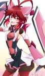  1girl antenna_hair artist_name bare_shoulders blush_stickers bodysuit claw_(weapon) cosplay dated detached_sleeves doll_joints highres kiraki long_hair micha_jawkan open_mouth red_eyes redhead senki_zesshou_symphogear sharp_teeth shorts skirt smile solo teeth tsukuyomi_shirabe tsukuyomi_shirabe_(cosplay) twintails weapon white_background 