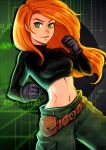  1girl belt_pouch black_gloves breasts cargo_pants clenched_hands commentary crop_top disney fighting_stance gloves green_eyes iahfy kim_possible kimberly_ann_possible long_hair medium_breasts midriff orange_hair pants solo toned 