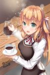  1girl absurdres alternate_costume apron blush breasts brown_hair coffee coffee_mug eyebrows_visible_through_hair eyes_visible_through_hair from_side girls_frontline green_eyes hair_between_eyes hair_bun hair_ribbon highres holding_jug holding_saucer jug kurobe long_hair long_sleeves looking_at_viewer m1903_springfield_(girls_frontline) medium_breasts open_mouth red_ribbon ribbon saucer shirt smile solo sparkle table white_shirt 