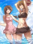  2girls alternate_costume ball beachball bikini breasts brown_hair cleavage clouds cloudy_sky covered_navel cowboy_shot epona_(ys) facepaint frills light_brown_hair long_hair looking_at_viewer medium_breasts midriff multiple_girls navel ocean one-piece_swimsuit open_mouth partially_submerged ponytail side-tie_bikini sketch sky small_breasts standing swimsuit tattoo uuta_(uturautouto) violet_eyes ys ys_origin yunica_tovah 