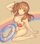  1girl :3 arm_support bangs bare_arms bare_legs bare_shoulders barefoot bikini bracelet breasts brown_eyes brown_hair closed_mouth eyebrows_visible_through_hair full_body hair_ornament hand_in_hair idolmaster idolmaster_cinderella_girls innertube jewelry kotoribako large_breasts looking_at_viewer moroboshi_kirari multicolored multicolored_background navel red_bikini sitting solo swimsuit wariza 