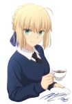  1girl ahoge artoria_pendragon_(all) blonde_hair blue_ribbon blue_sweater braid cosplay cup darjeeling darjeeling_(cosplay) dress_shirt fate/stay_night fate_(series) french_braid fumika_asano girls_und_panzer green_eyes hair_ribbon long_sleeves looking_at_viewer necktie revision ribbon saber saucer school_uniform shirt short_hair signature simple_background smile solo st._gloriana&#039;s_school_uniform steam sweater tea teacup upper_body v-neck white_background wing_collar 