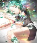  androgynous aqua_eyes aqua_hair broken collared_shirt commentary_request crack gem_uniform_(houseki_no_kuni) h_shai houseki_no_kuni light_particles lying nail_polish necktie on_side phosphophyllite puffy_sleeves shirt short_hair short_sleeves shorts solo sparkle sparkling_eyes 