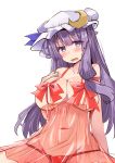  1girl bangs bare_arms blunt_bangs blush breasts cleavage crescent crescent_hair_ornament hair_ornament hair_ribbon hat highres large_breasts lingerie long_hair looking_at_viewer mob_cap navel negligee patchouli_knowledge plump purple_hair red_ribbon ribbon see-through shirogane_(platinum) simple_background solo touhou underwear very_long_hair violet_eyes white_background 