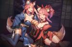  2girls animal_ears arms_behind_back bell bell_collar black_legwear blue_legwear breasts cat_paws cleavage collar detached_sleeves dual_persona fangs fate/extra fate/grand_order fate_(series) fox_ears fox_tail gloves hair_ribbon hand_on_hip indoors japanese_clothes jingle_bell large_breasts looking_at_viewer multiple_girls one_eye_closed paw_gloves paw_shoes paws pink_hair ribbon shoes tail tamamo_(fate)_(all) tamamo_cat_(fate) tamamo_no_mae_(fate) yan_wei_jiaonang yellow_eyes 
