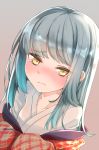  1girl alternate_hairstyle bangs blunt_bangs blush collarbone comah eyebrows_visible_through_hair grey_background grey_hair highres japanese_clothes kantai_collection kasumi_(kantai_collection) long_hair solo tears yellow_eyes 