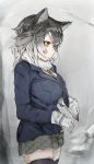  1girl absurdres animal_ears bangs black_legwear blue_eyes blue_jacket blue_neckwear breasts closed_mouth cowboy_shot eyebrows_visible_through_hair from_side fur_collar fur_trim gloves grey_hair grey_skirt grey_wolf_(kemono_friends) hair_between_eyes heterochromia highres hiranko jacket kemono_friends large_breasts long_hair long_sleeves looking_down necktie pleated_skirt skirt solo standing thigh-highs white_gloves wolf_ears yellow_eyes zettai_ryouiki 