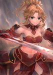  1girl absurdres blonde_hair bra breasts choker cleavage collarbone detached_sleeves eyebrows_visible_through_hair fate/apocrypha fate_(series) green_eyes groin hair_ornament hair_scrunchie high_ponytail highres holding holding_sword holding_weapon long_hair looking_at_viewer medium_breasts midriff mordred_(fate) mordred_(fate)_(all) navel neonbeat red_bra red_scrunchie red_skirt scrunchie signature skirt solo standing stomach sword under_boob underwear weapon 