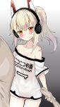  1girl artist_request ayanami_(kantai_collection) azur_lane blush breasts cleavage collarbone headphones highres looking_at_viewer mechanical_ears niconico pillow red_eyes shirt short_ponytail simple_background t-shirt thighs white_hair 